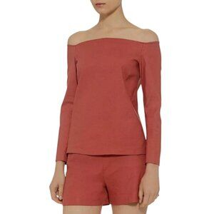 Theory Aprine Off-the-Shoulder Top Linen Blend Salmon Long Sleeve Top Small EUC